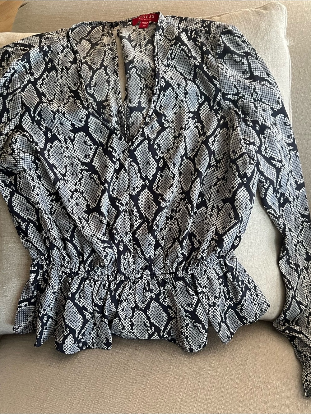 Guess Black & White Snake-Print Peplum Blouse